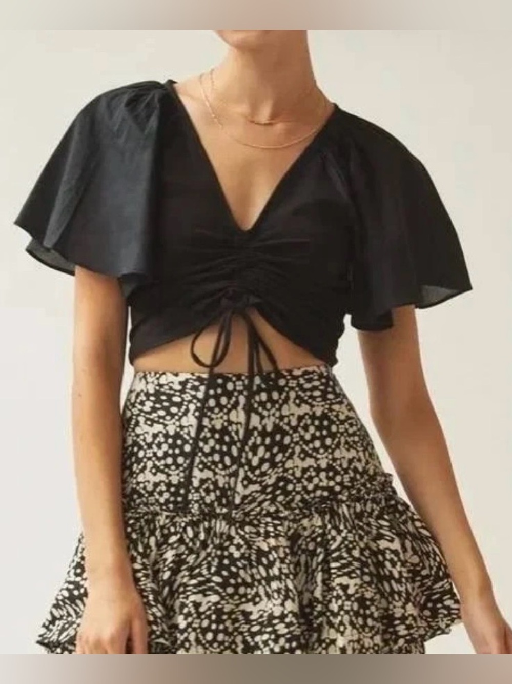 Maeve Anthropologie Black Cinched Crop Top Flutter Sleeves Size M